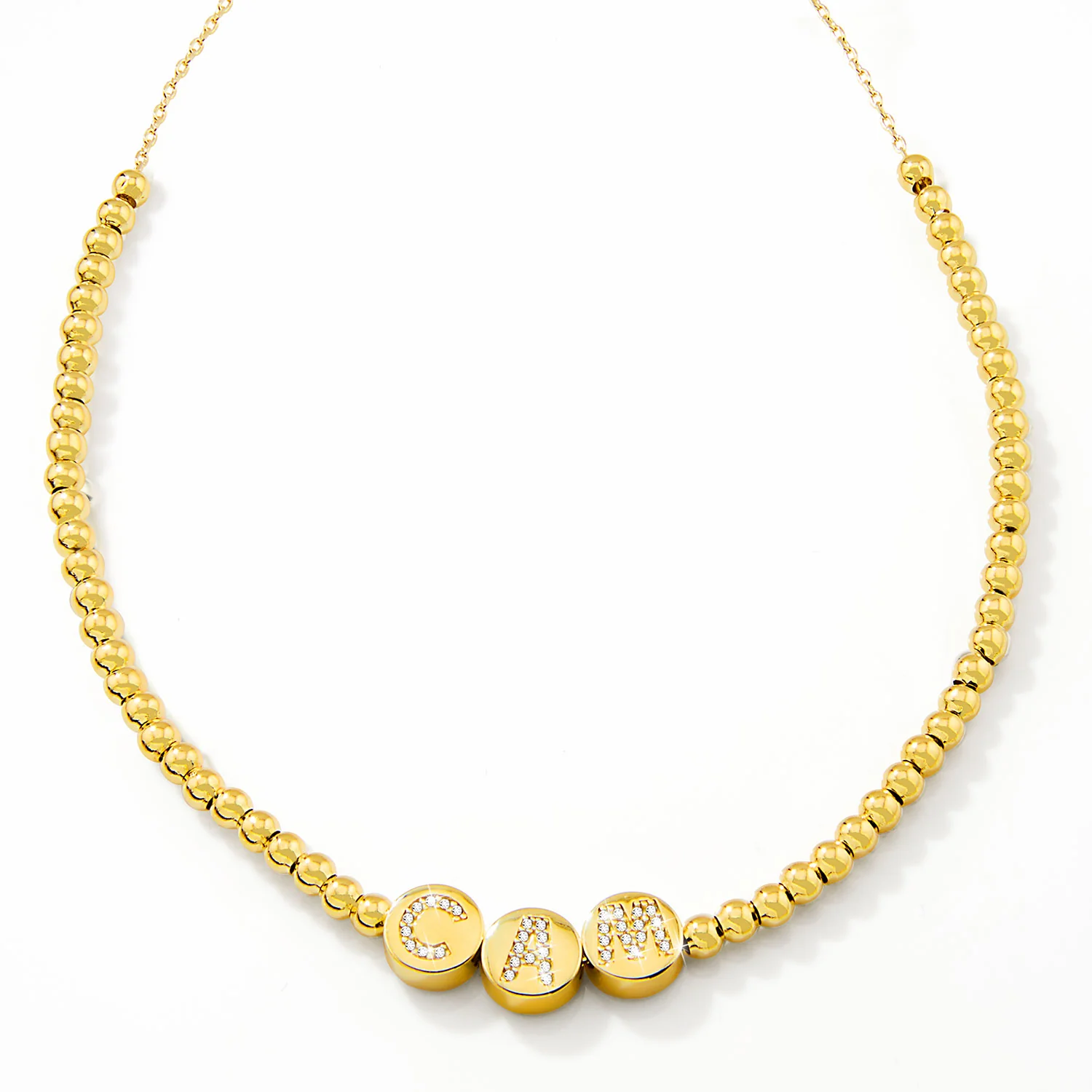 Pave CZ Initials Slider Charm Pave Initials Station Beaded Necklace - Image 4