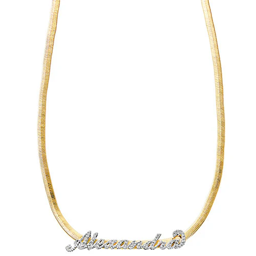 Pave CZ Name Slide Pendant Herringbone Chain Necklace - Image 4