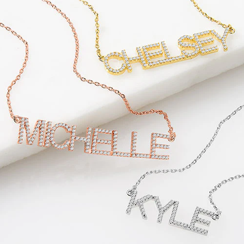 Pave CZ Uppercase Name Plaque Necklace
