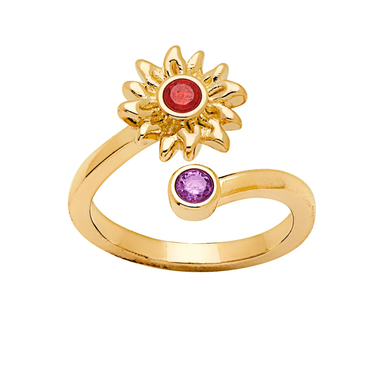 14K Gold Plated Sunflower with Birthstone Bypass Ring