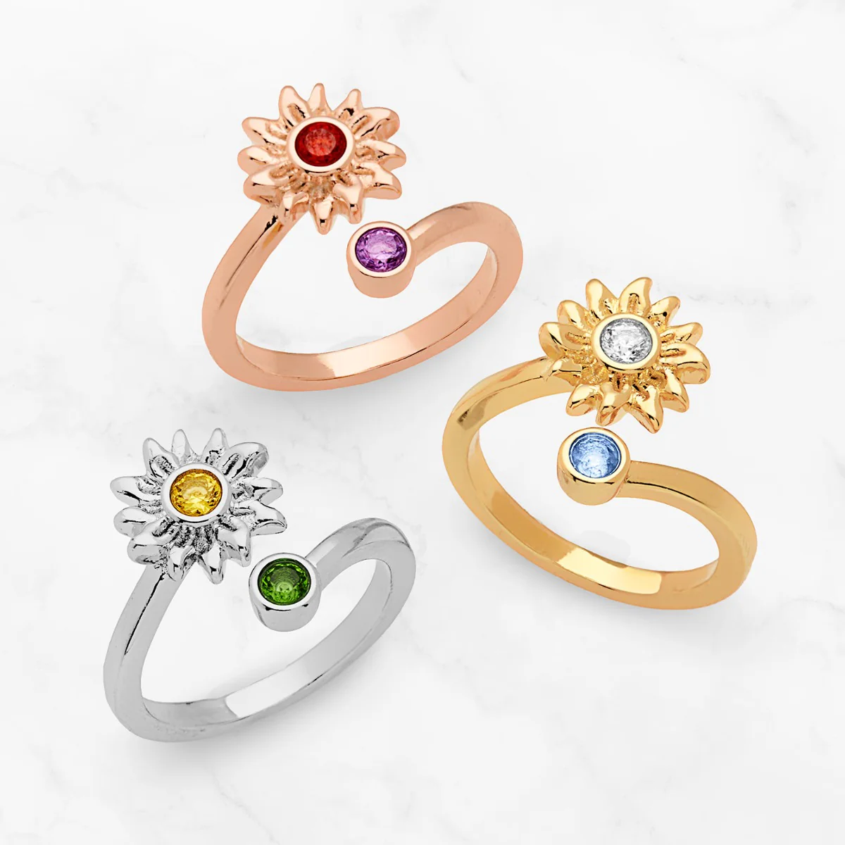 14K Gold Plated Sunflower with Birthstone Bypass Ring - Image 2