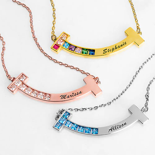 Personalized Birthstone and Engraved Curved Bar Necklace