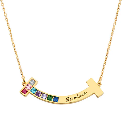 Personalized Birthstone and Engraved Curved Bar Necklace - Image 3