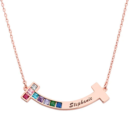 Personalized Birthstone and Engraved Curved Bar Necklace - Image 4