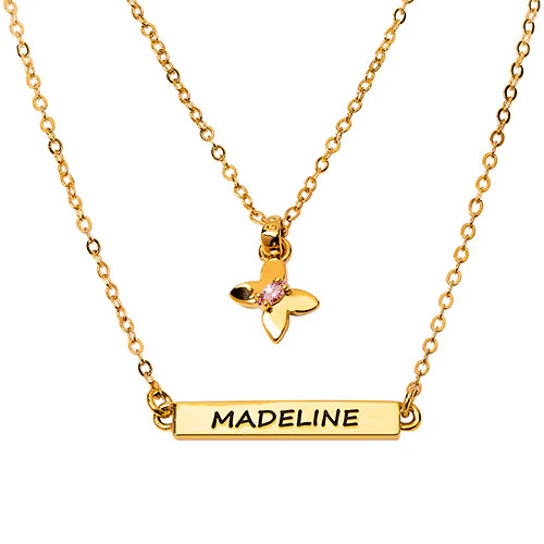 Personalized Birthstone Butterfly and Engraved Bar Layered Necklace - Image 4