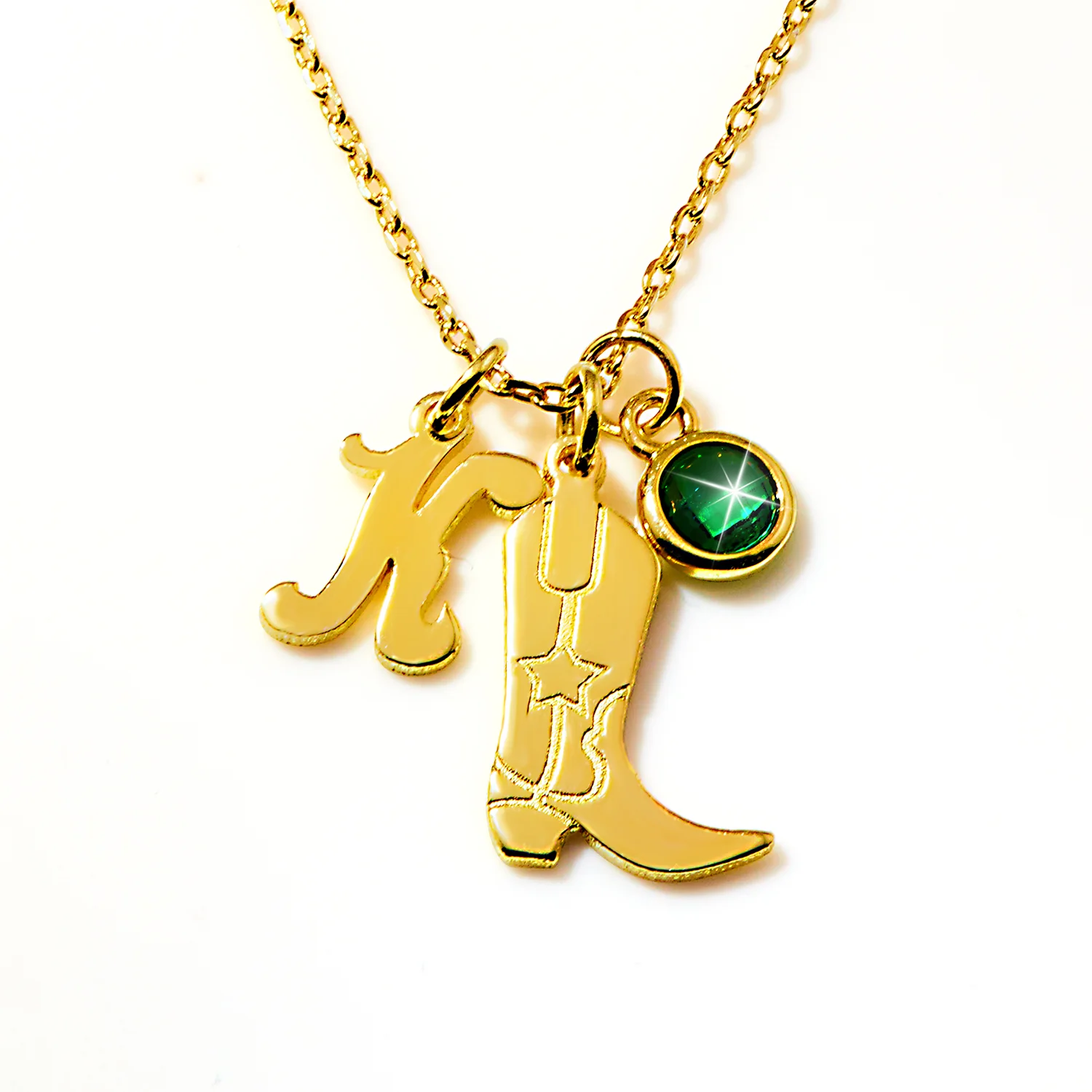Personalized Cowboy Boot Charm Necklace with Initial & Birthstone - Image 3