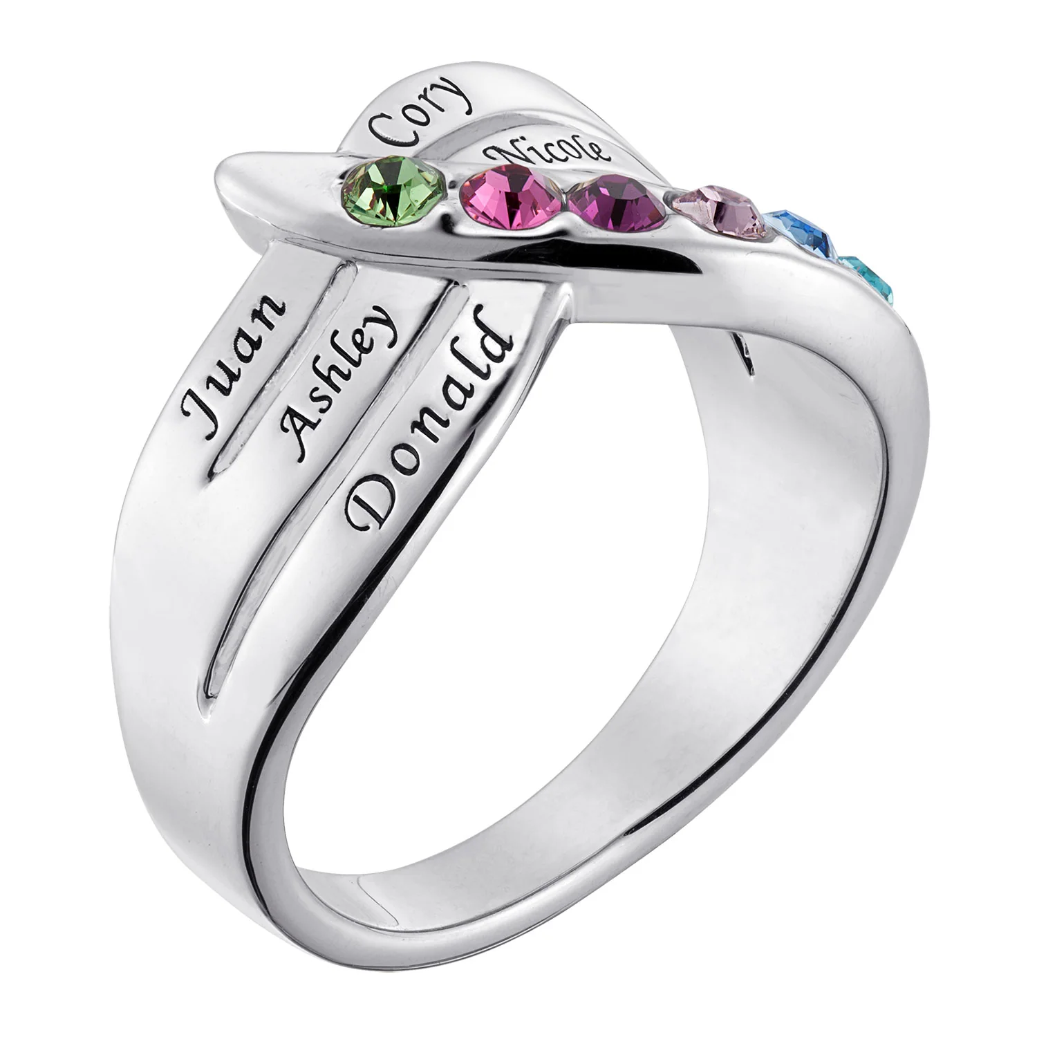 Personalized Family Cross Over Name and Birthstone Ring - Image 2