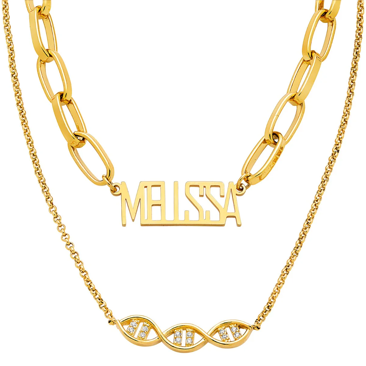 Personalized Layered Cutout Name Necklace with DNA Charm - Image 4