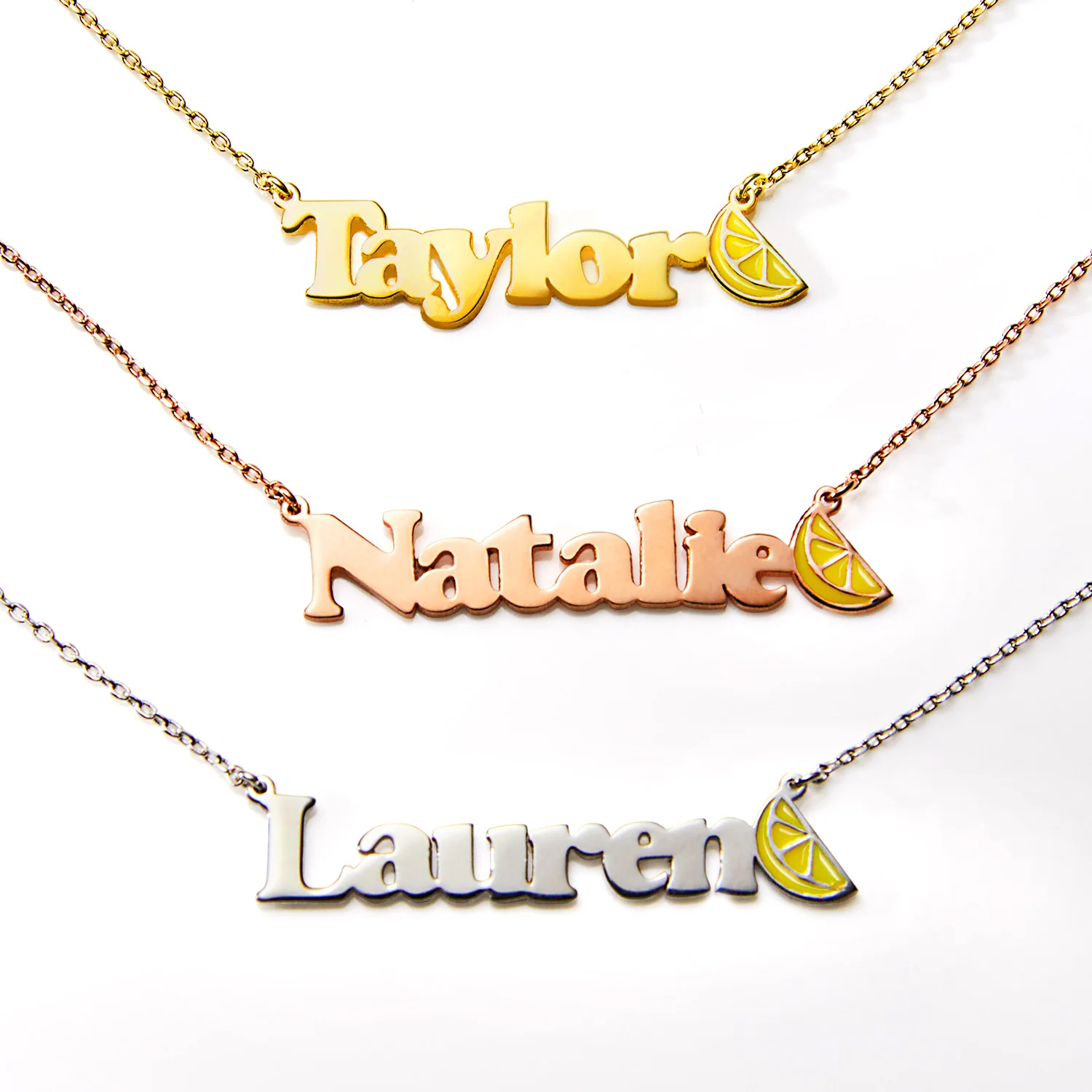 Personalized Name Necklace with Enamel Lemon Wedge Accent