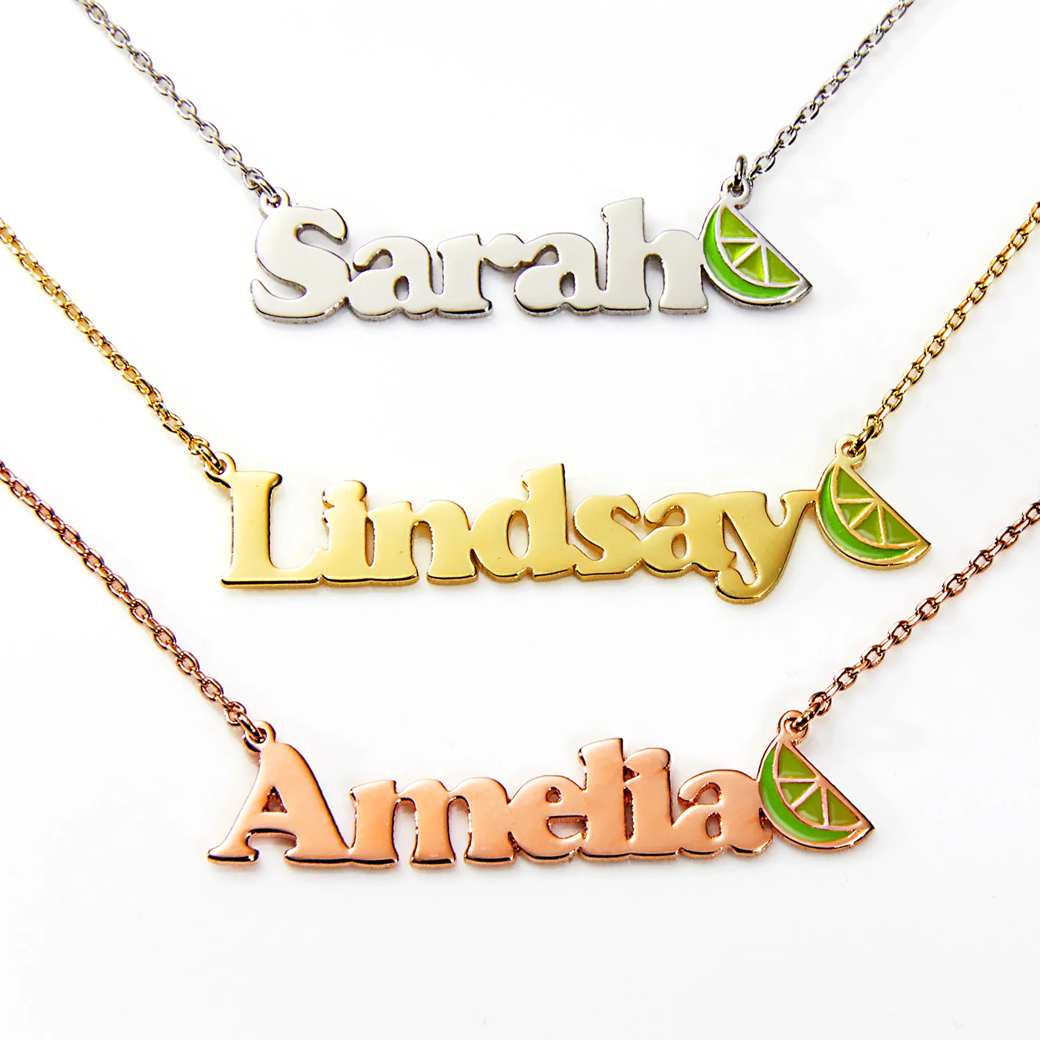 Personalized Name Necklace with Enamel Lime Wedge Accent