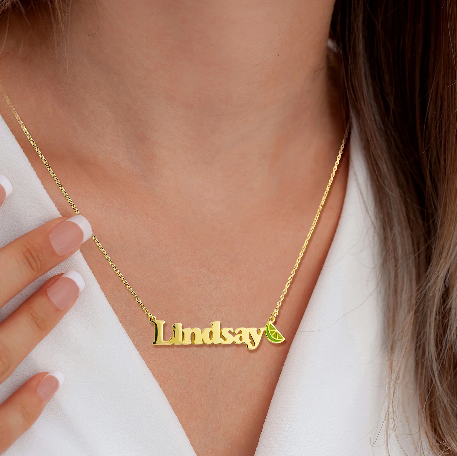 Personalized Name Necklace with Enamel Lime Wedge Accent - Image 2