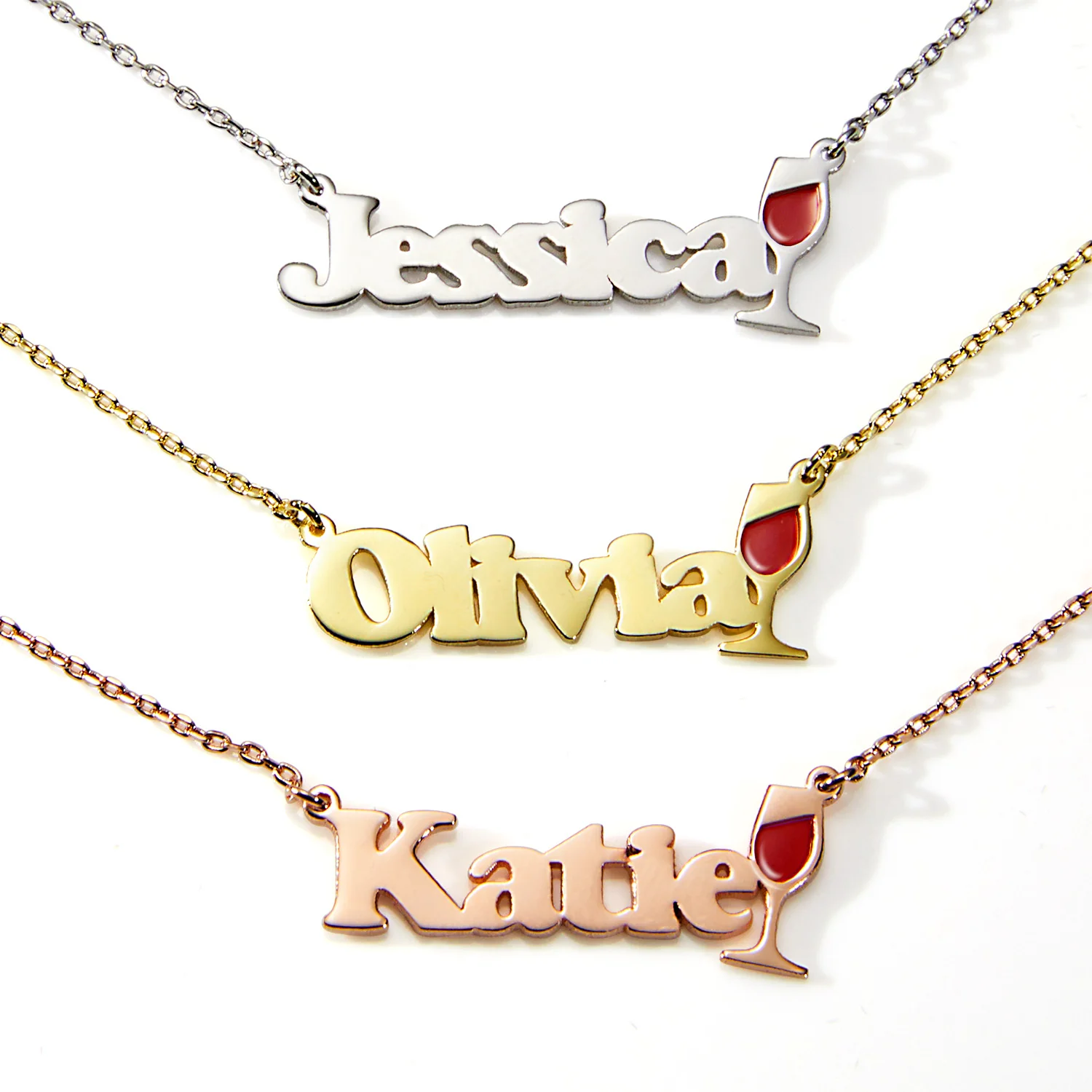 Personalized Name Necklace with Enamel Wine Glass Accent