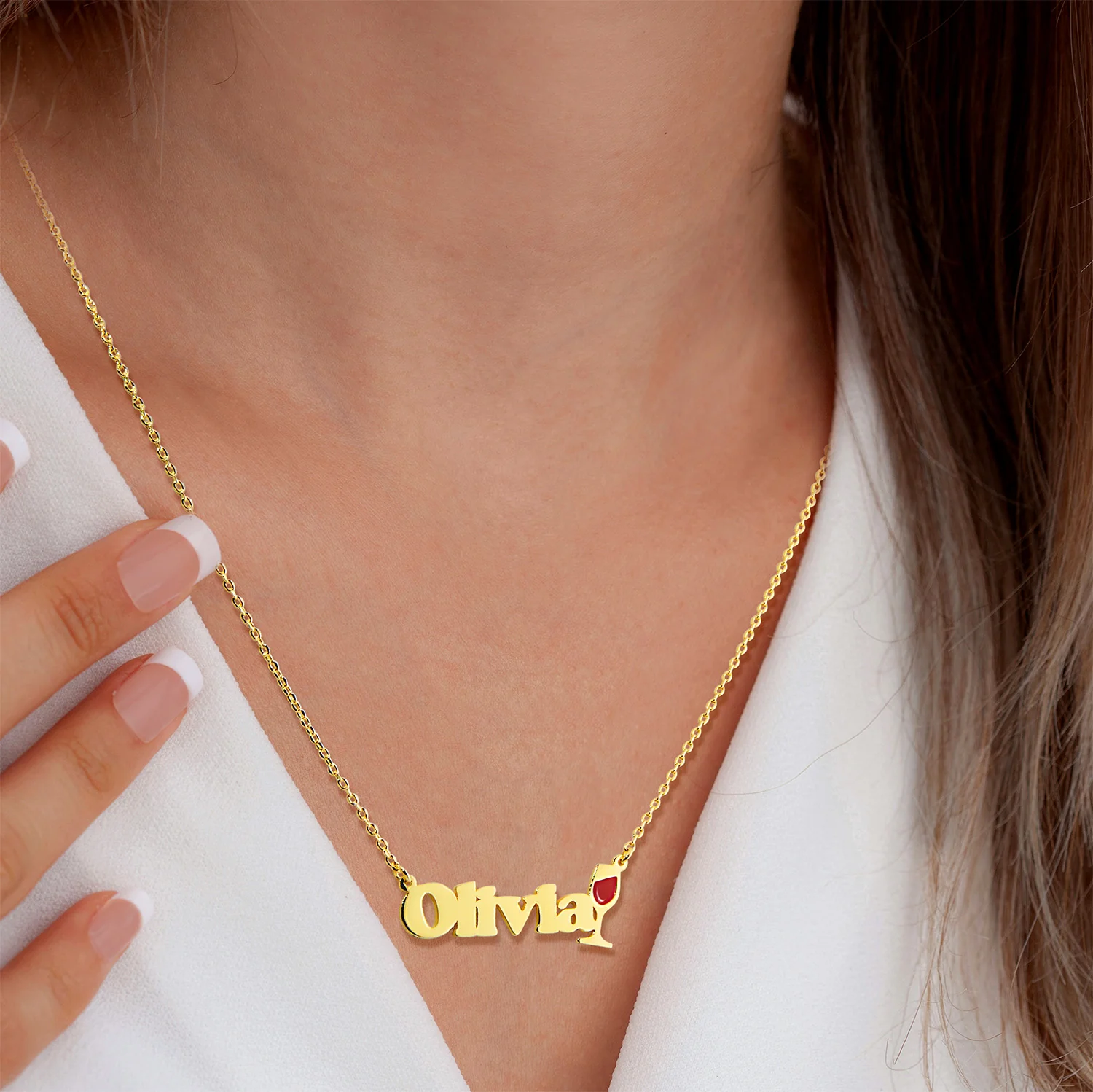 Personalized Name Necklace with Enamel Wine Glass Accent - Image 2