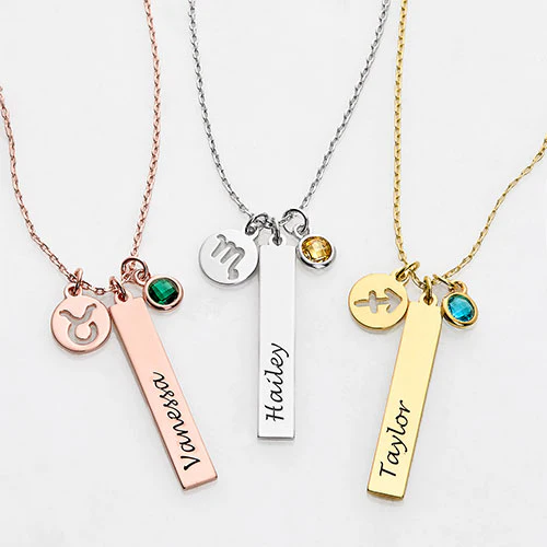 Personalized Name, Zodiac Sign and Birthstone Cluster Necklace