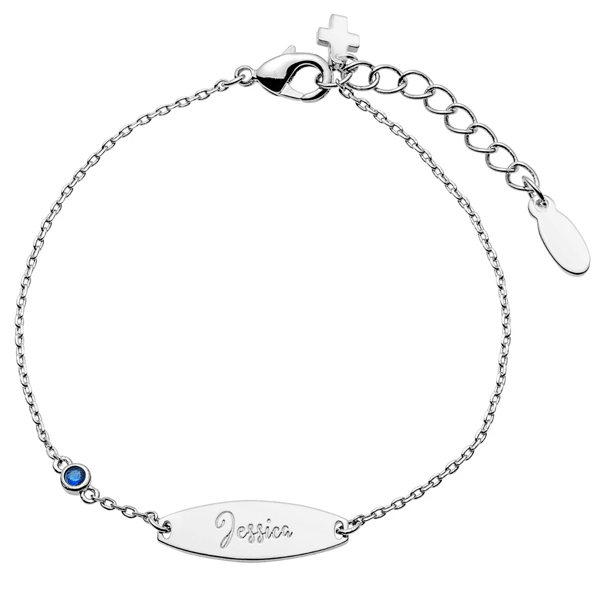 Personalized Plated Engraved Name Mini Oval With Birthstone and Cross ID Bracelet - Image 3