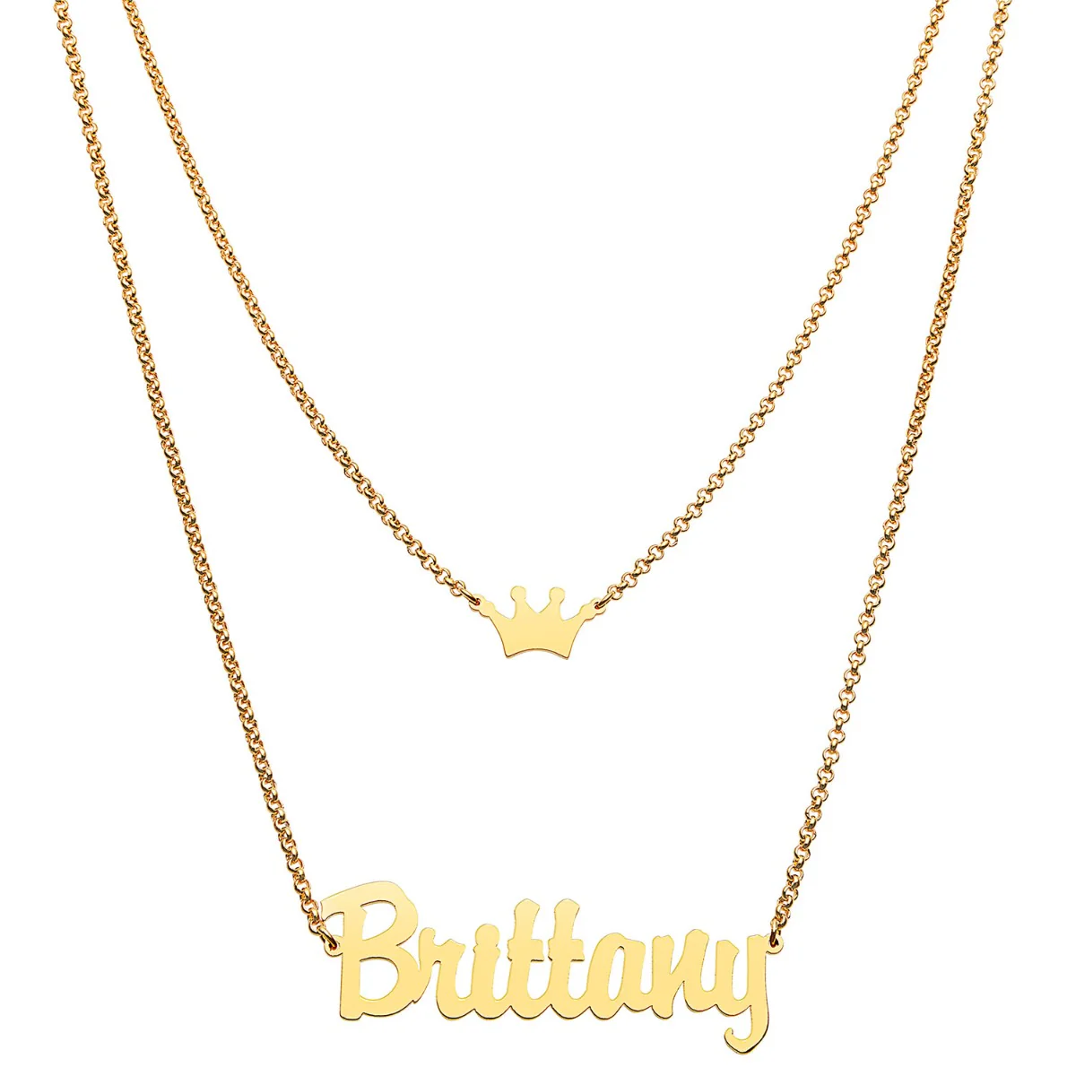 Personalized Script Name and Crown Layered Double Necklace - Image 3