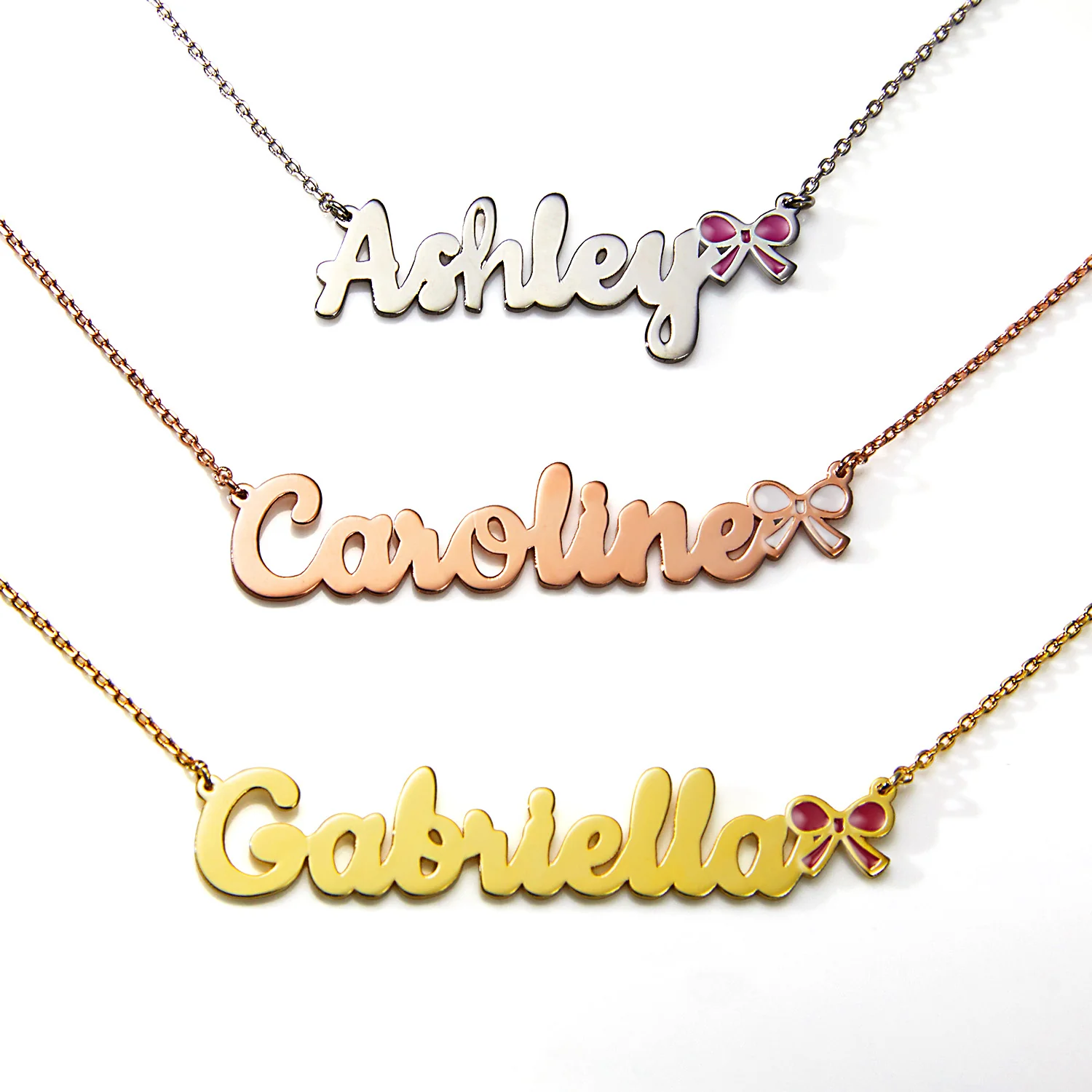 Personalized Script Name Necklace with Enamel Bow Accent