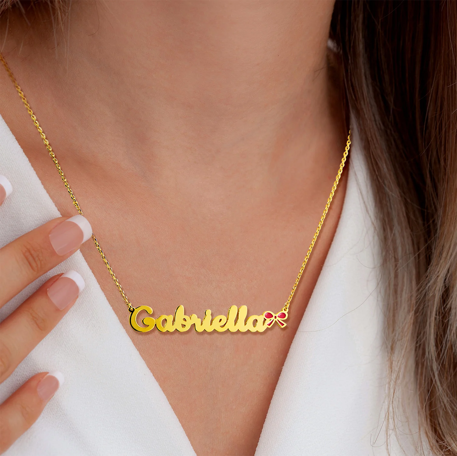 Personalized Script Name Necklace with Enamel Bow Accent - Image 2