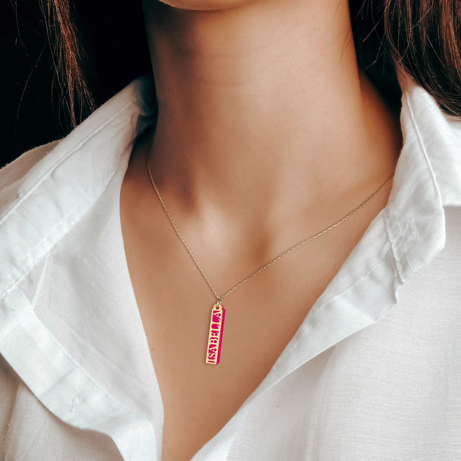 Personalized Silver Vertical Name Bar with Acrylic Pendant Necklace - Image 3