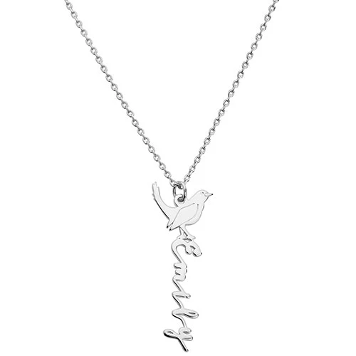 Personalized Vertical Script Name with Birthmonth Bird Necklace - Image 2
