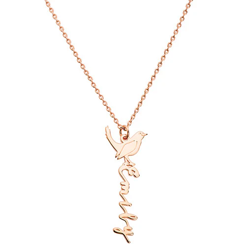Personalized Vertical Script Name with Birthmonth Bird Necklace - Image 6