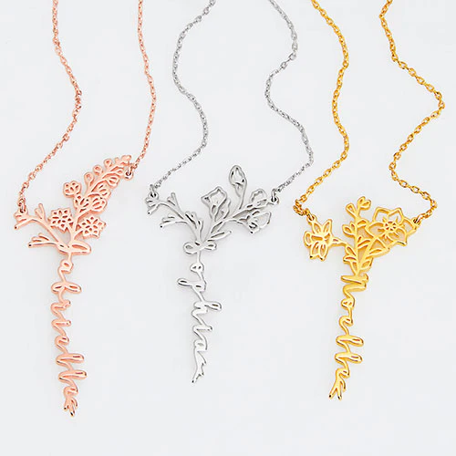 Personalized Vertical Script Name with Birthmonth Flower Bouquet Necklace