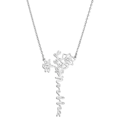 Personalized Vertical Script Name with Birthmonth Flower Bouquet Necklace - Image 2