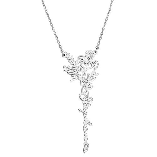 Personalized Vertical Script Name with Birthmonth Flower Necklace - Image 2