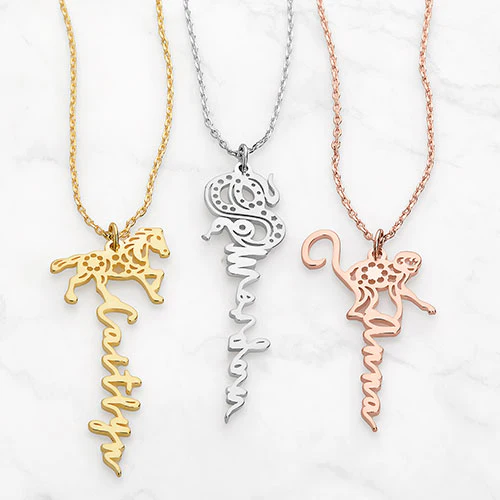 Personalized Vertical Script Name with Chinese Zodiac Sign Necklace