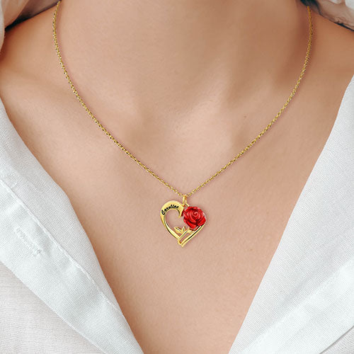 Petite Engraved Heart with Red Enamel Rose Necklace - Image 2