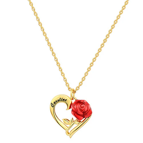 Petite Engraved Heart with Red Enamel Rose Necklace - Image 4