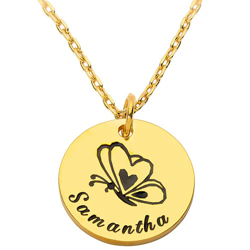Petite Engraved Name and Butterfly Disc Necklace - Image 4