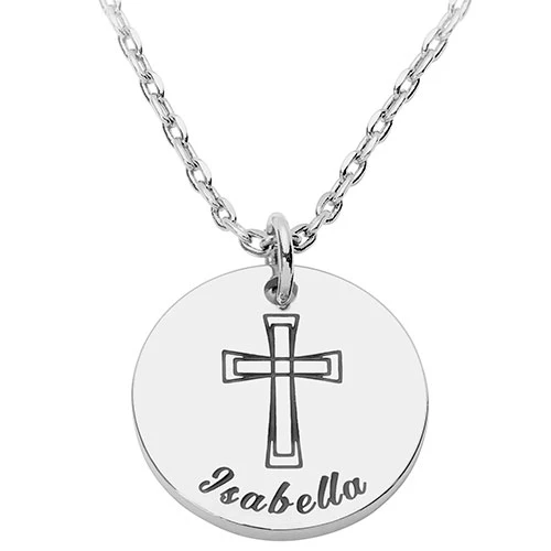 Petite Engraved Name and Cross Disc Necklace - Image 2