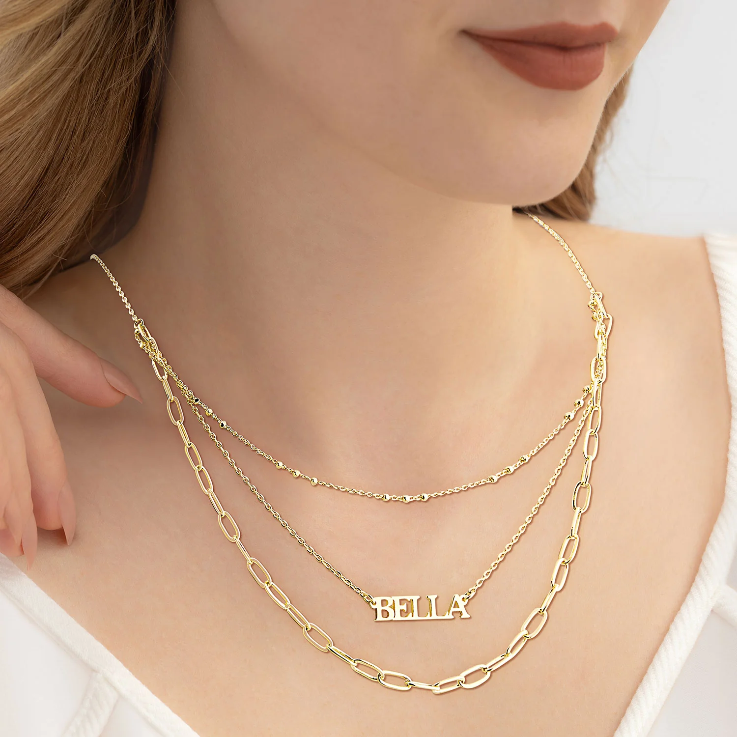 Petite Name Plaque Layered Multichain Necklace - Image 2
