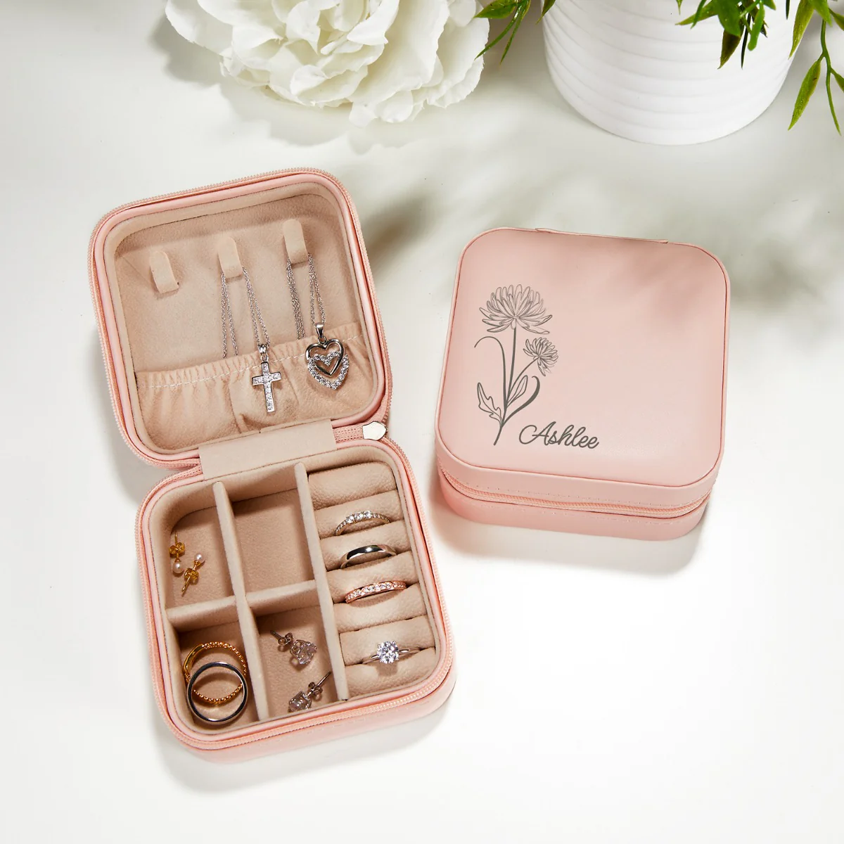 Pink Zip Travel Jewelry Case with Birth Month Flower and Name - Image 3