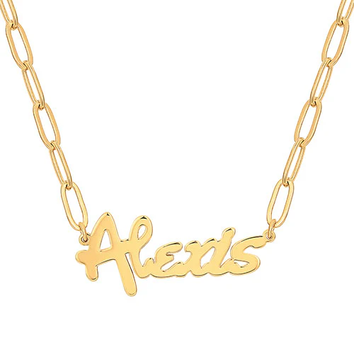 Plated Bold Script Name Paperclip Chain Necklace - Image 4