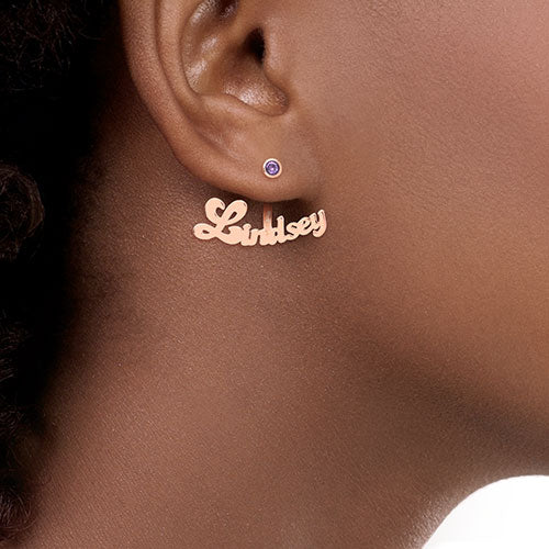 Plated Bubble Script Name and Birthstone Front/ Back Earrings - Image 10