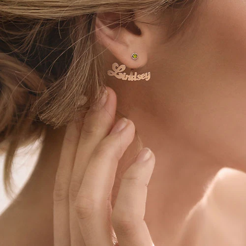 Plated Bubble Script Name and Birthstone Front/ Back Earrings - Image 13