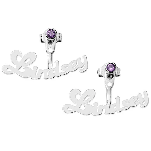 Plated Bubble Script Name and Birthstone Front/ Back Earrings - Image 3