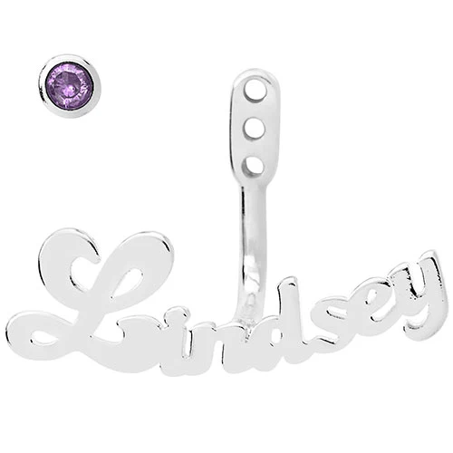 Plated Bubble Script Name and Birthstone Front/ Back Earrings - Image 4