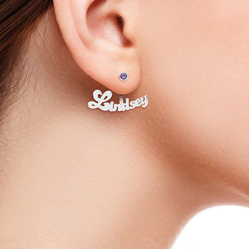 Plated Bubble Script Name and Birthstone Front/ Back Earrings - Image 6