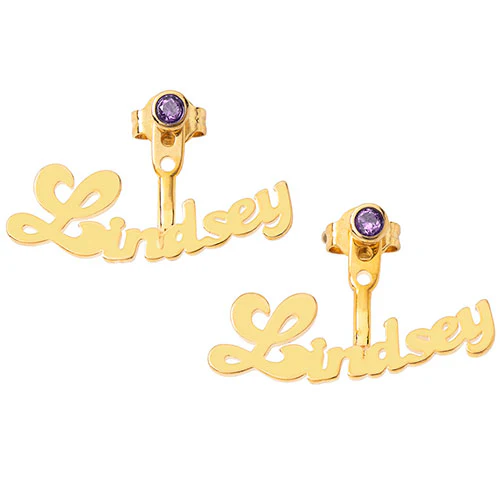 Plated Bubble Script Name and Birthstone Front/ Back Earrings - Image 7
