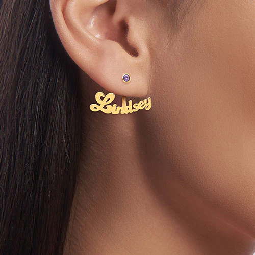 Plated Bubble Script Name and Birthstone Front/ Back Earrings - Image 8