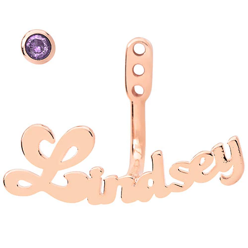Plated Bubble Script Name and Birthstone Front/ Back Earrings - Image 9