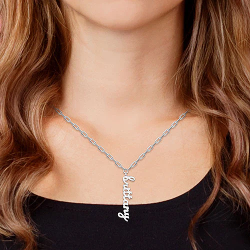 Plated Lowercase Script Vertical Name Paperclip Chain Necklace - Image 3
