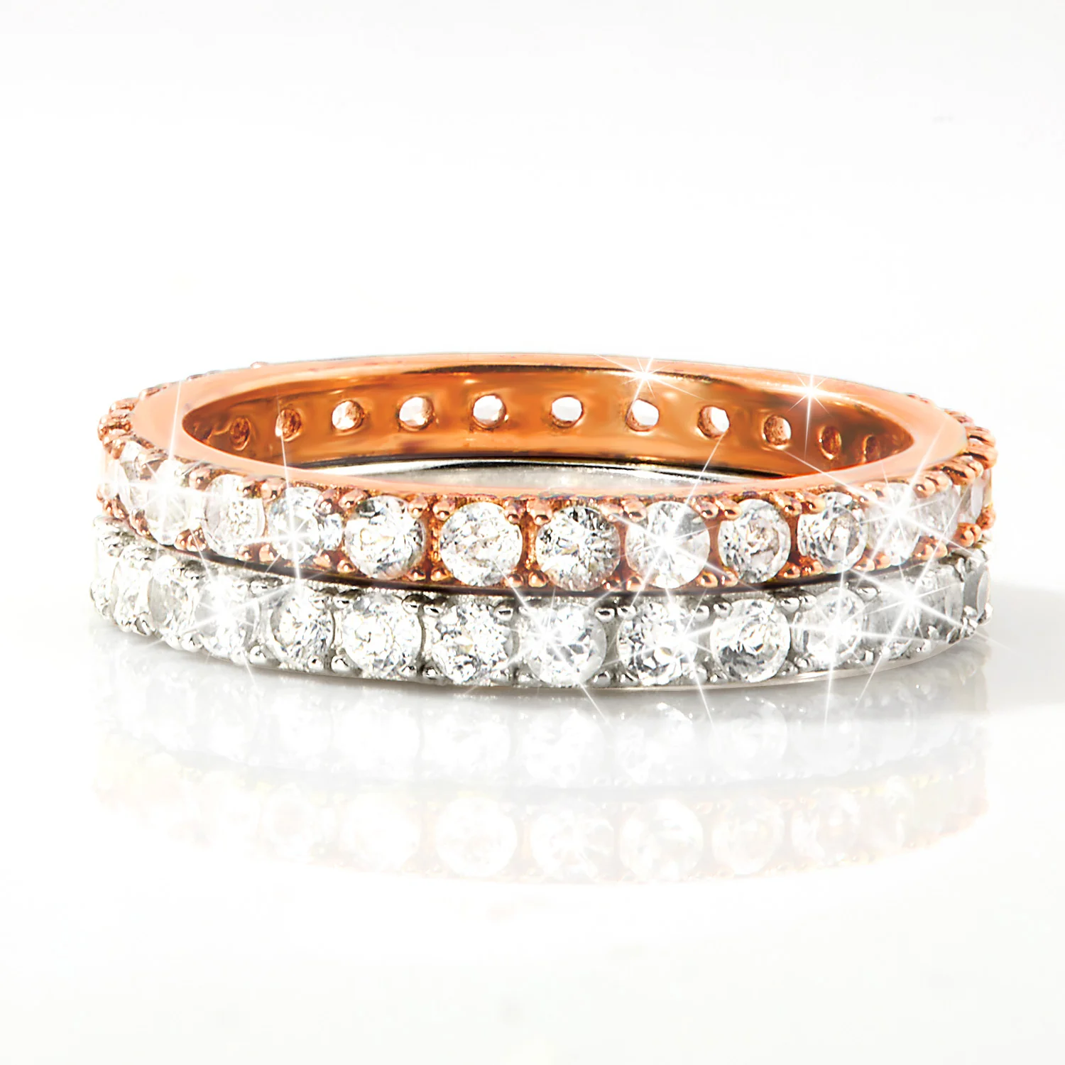 Platinum and Rose Gold over Sterling White Topaz Eternity Band - 2pc Set