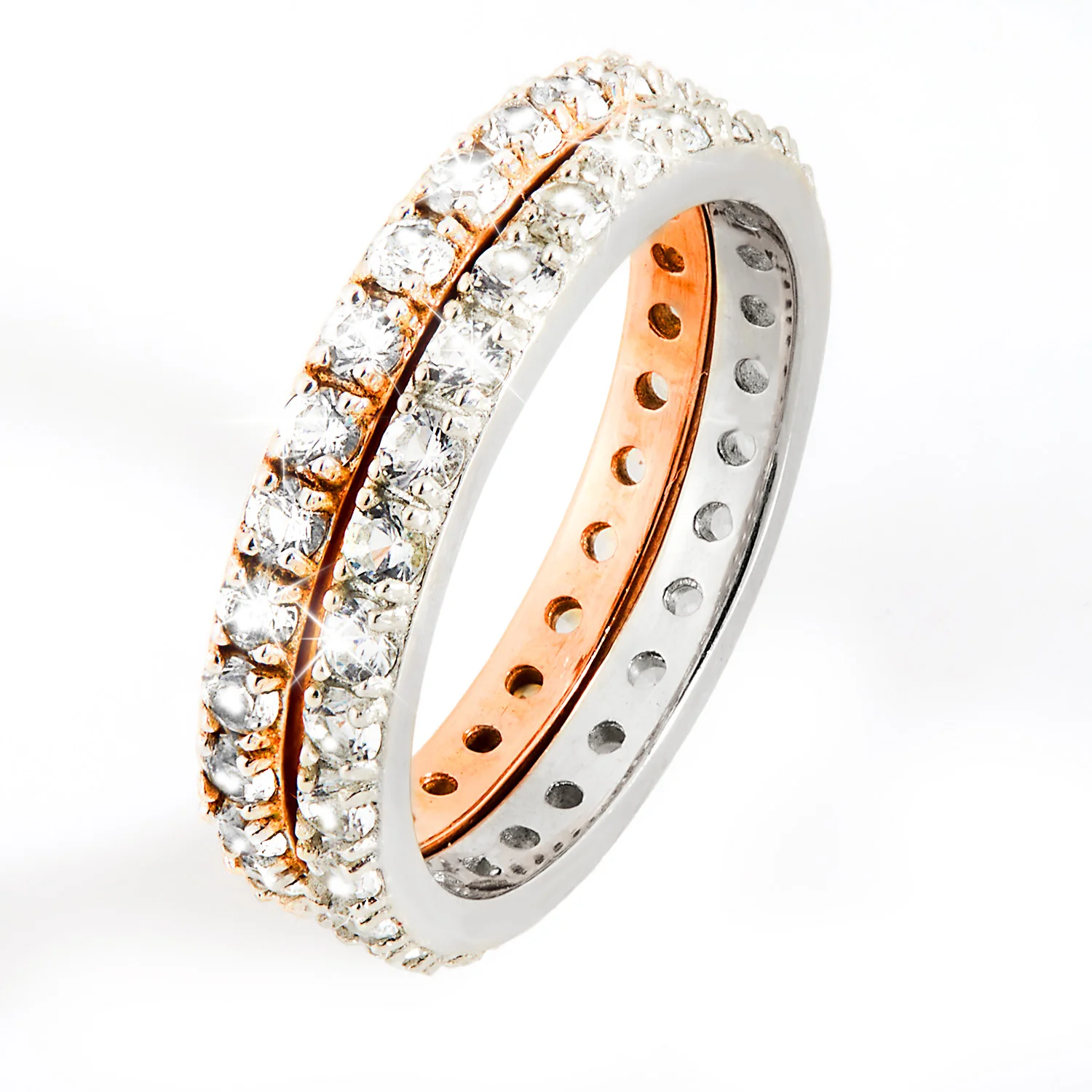 Platinum and Rose Gold over Sterling White Topaz Eternity Band - 2pc Set - Image 4