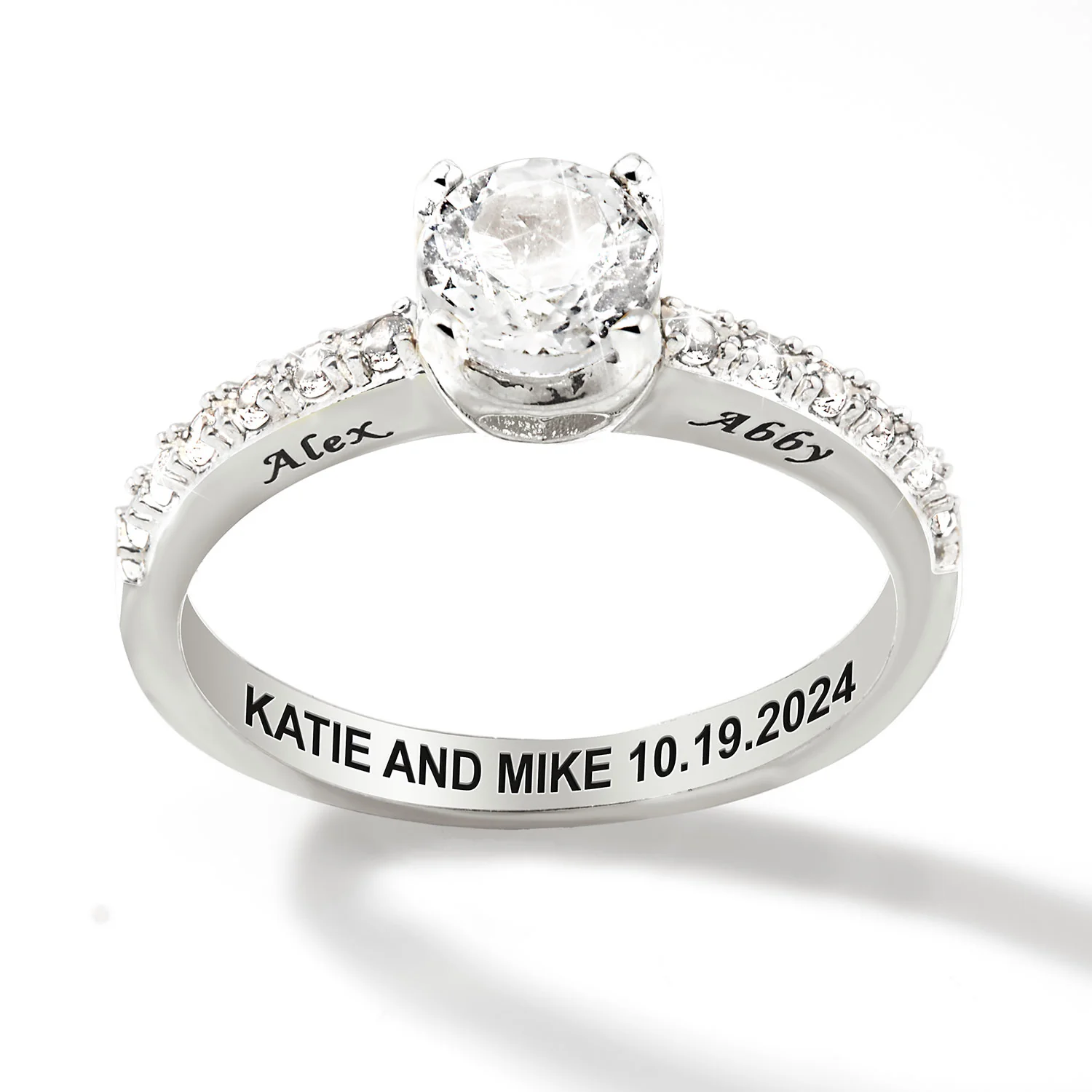 Platinum over Sterling Brillant White Topaz Open Heart Engraved Wedding Ring - Image 3