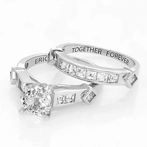 Platinum over Sterling Brilliant White Topaz 2 Piece Engraved Wedding Set - Image 4