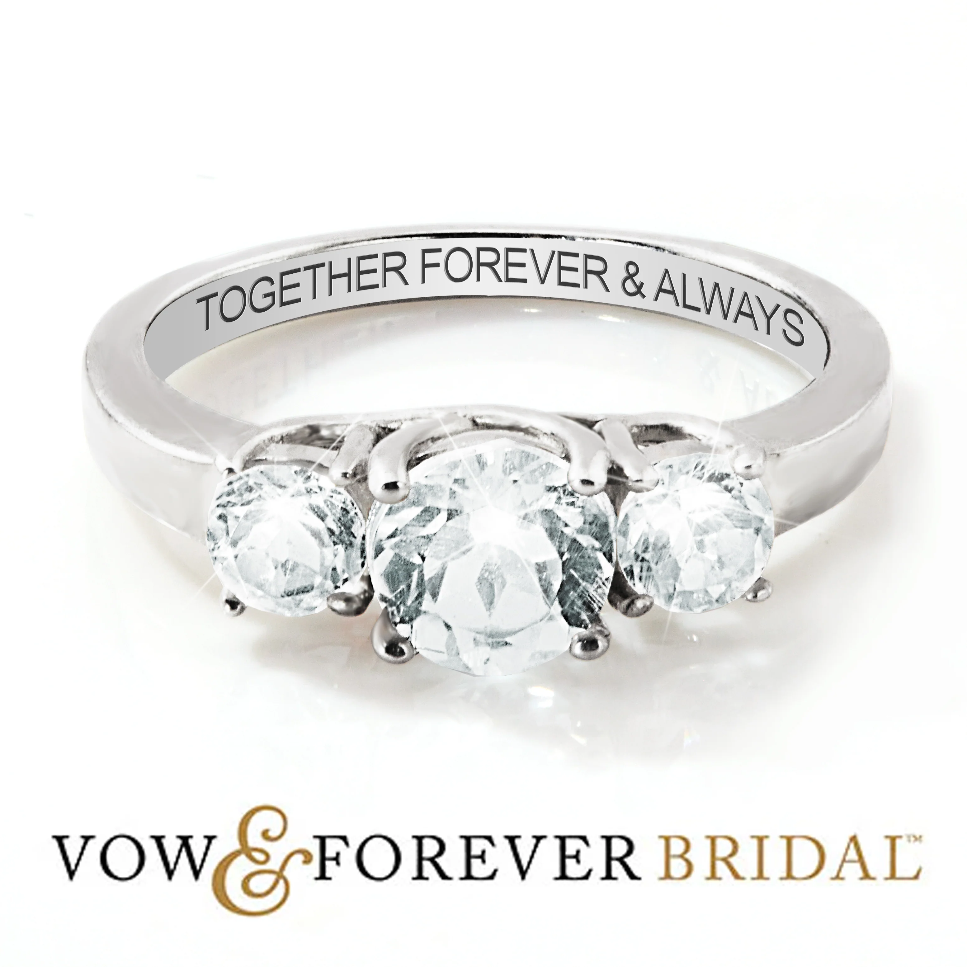 Platinum over Sterling Brilliant White Topaz Three Stone Engraved Wedding Ring - Image 3